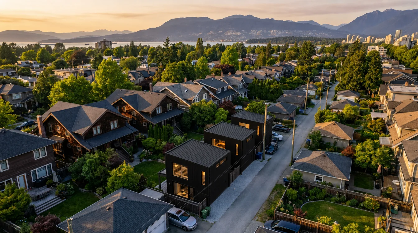 Aerial view of a Vancouver neighbourhood at golden hour, with modern black laneway homes along the back lane
