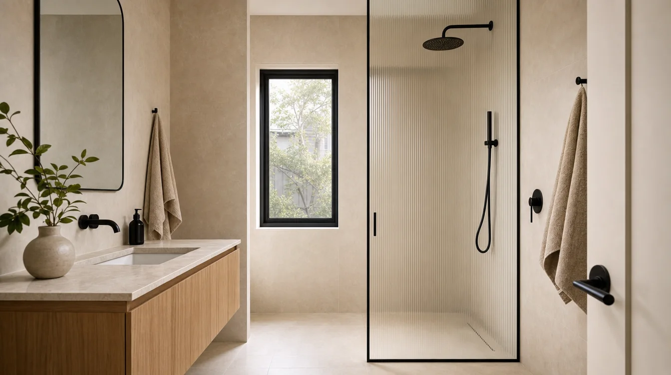 FORM laneway home bathroom: walk-in shower with fluted glass, stone tile, oak vanity, matte black fixtures