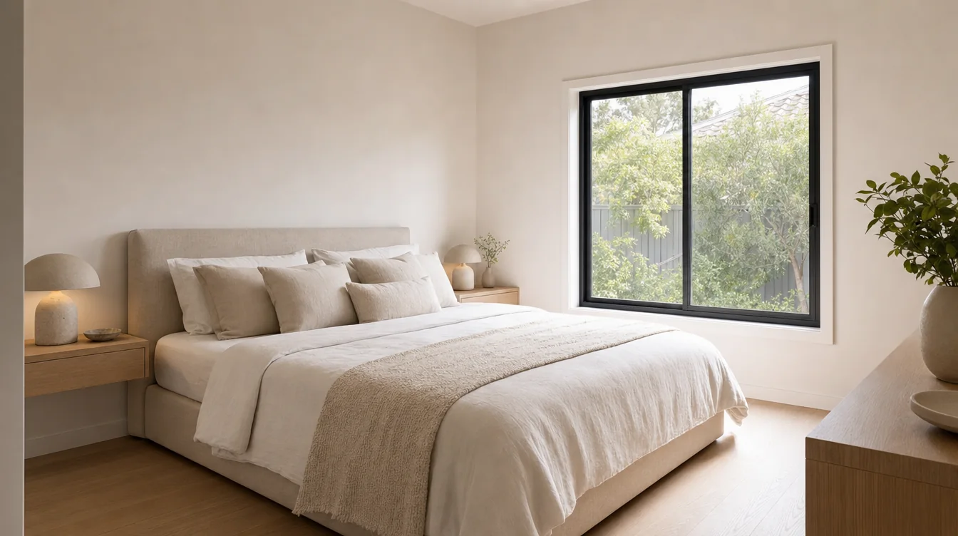 FORM laneway home bedroom: linen bedding, oak floor, garden view through a black-framed window