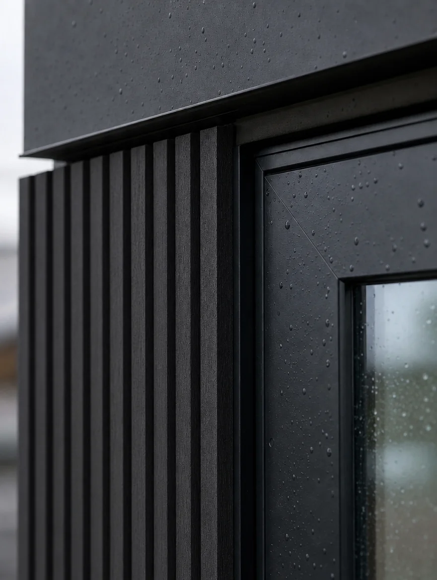 Close detail of vertical fluted composite siding meeting a matte black window frame and fascia