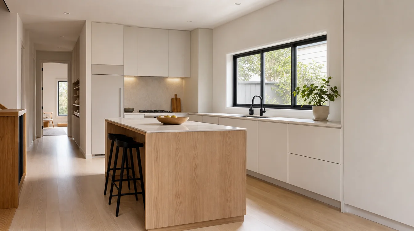Light kitchen package inside a FORM laneway home: warm white matte cabinetry, oak island, light oak floor