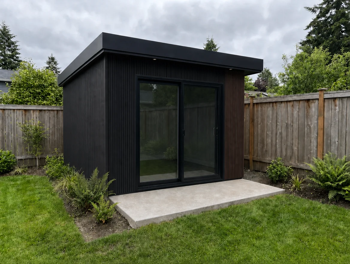 FORM 400 - compact one-storey garden studio in black fluted composite with a dark walnut accent