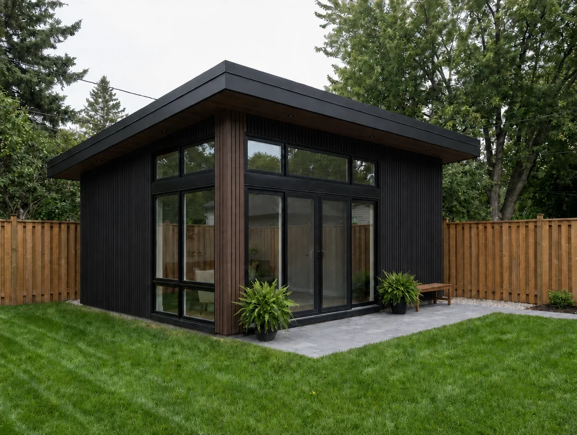 FORM 650 - single-storey one-bedroom laneway home in black fluted composite with dark walnut accents and floor-to-ceiling glazing