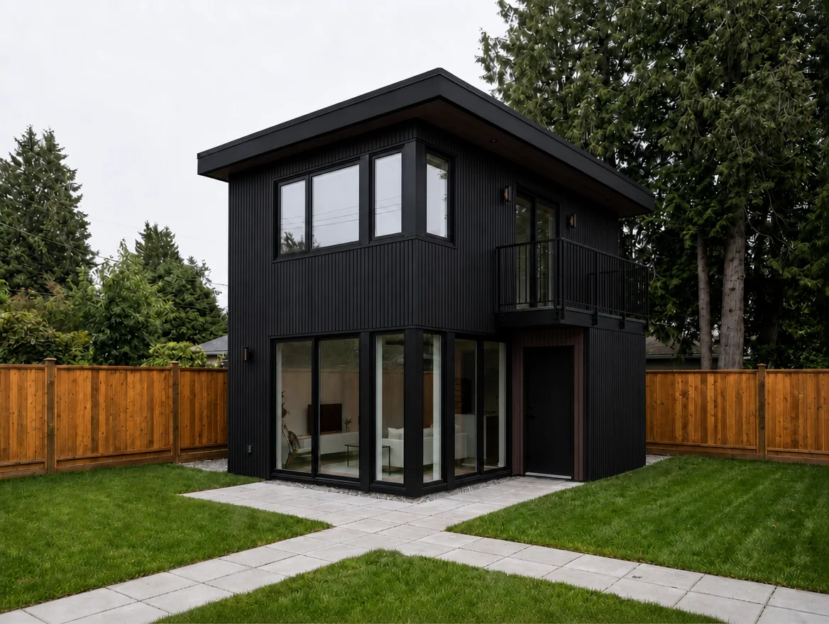 FORM 950 - two-storey two-bedroom laneway home in black fluted composite with upper balcony