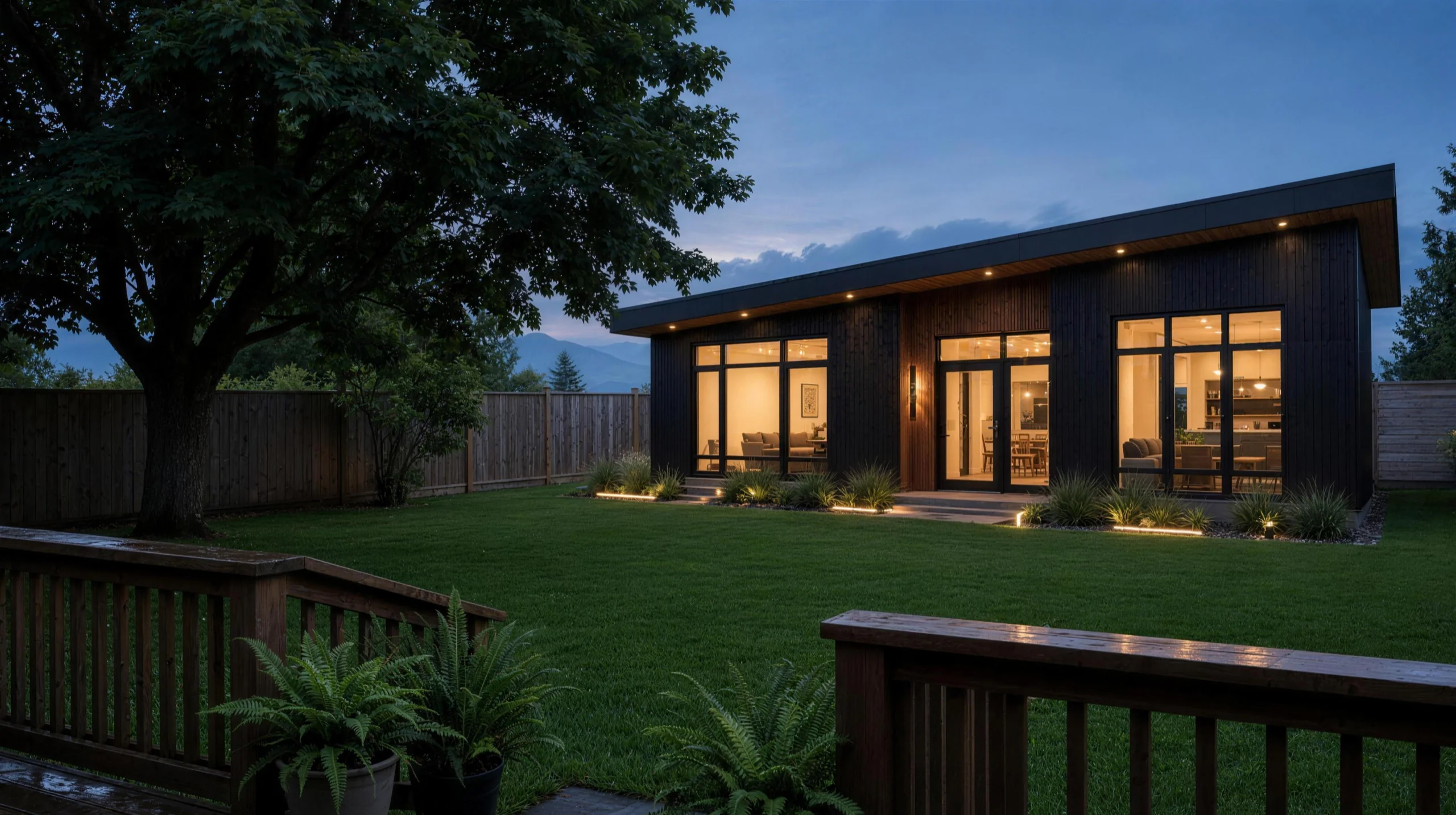 FORM home exterior in the Black scheme: ebony fluted composite siding with a dark walnut entry accent